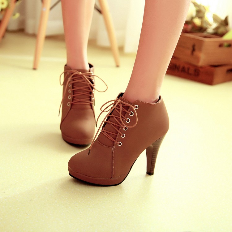 Brown Lace Up High Heels Ankle Boots on Luulla