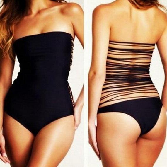 Sexy Black Women Straps Strap Back Monokini Tassel Bathing Suit